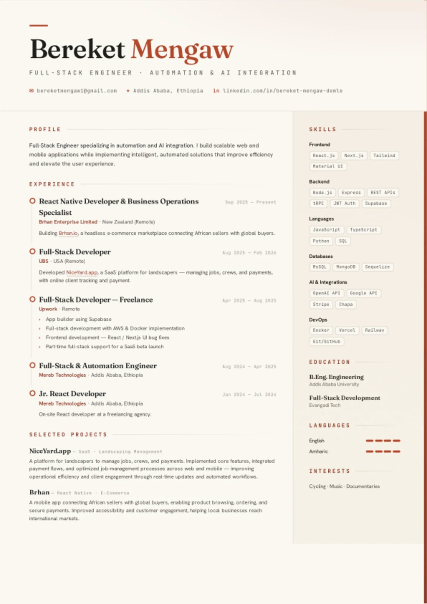 Bereket Mengaw resume, page 1